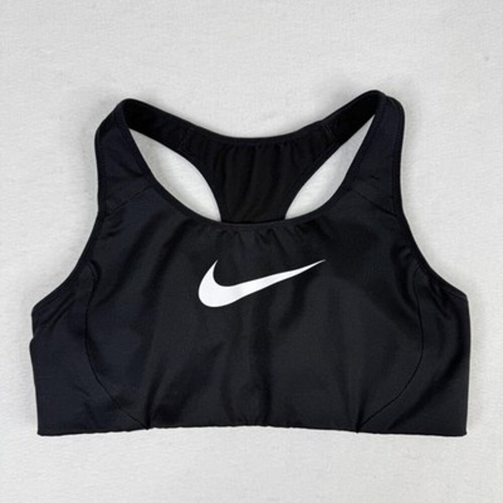 Nike Sports Bra Swoosh Logo L Black Racerback Stretch Pullover Athletic Logo